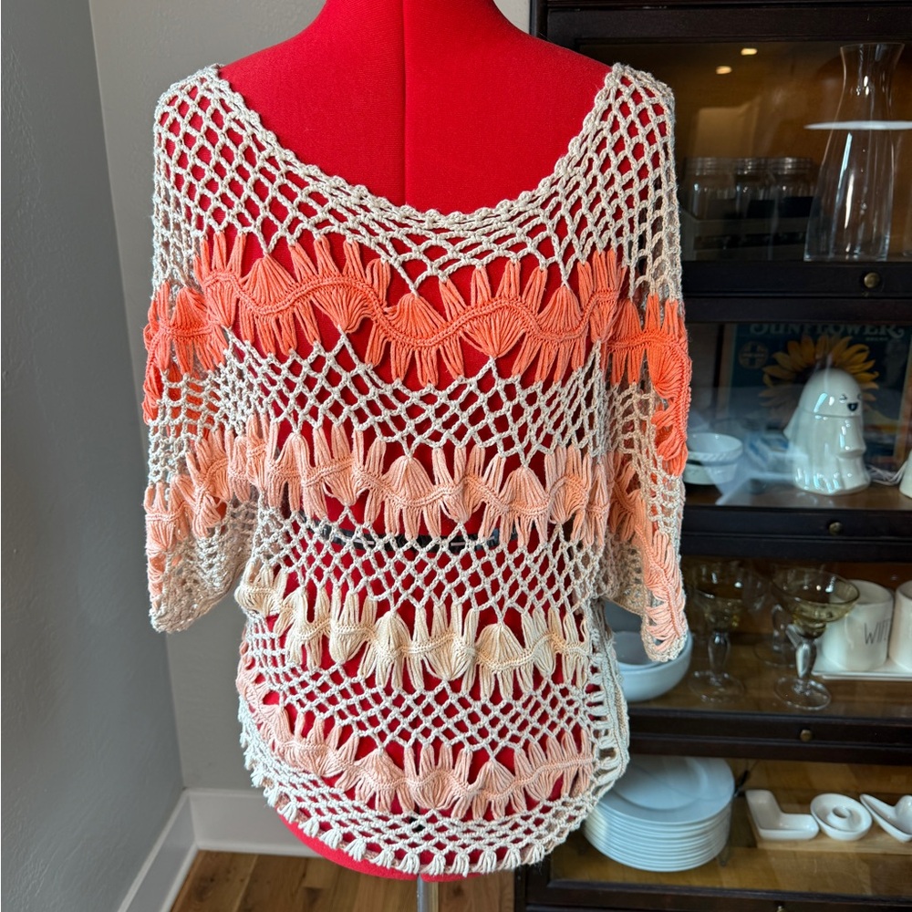 Venus Crochet Knit Beige Coral Striped Open Weave Boho Sweater Size L